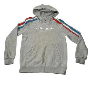 adidas Originals Big Kids' Gray Trefoil Hoodie White Red Blue Striped Medium